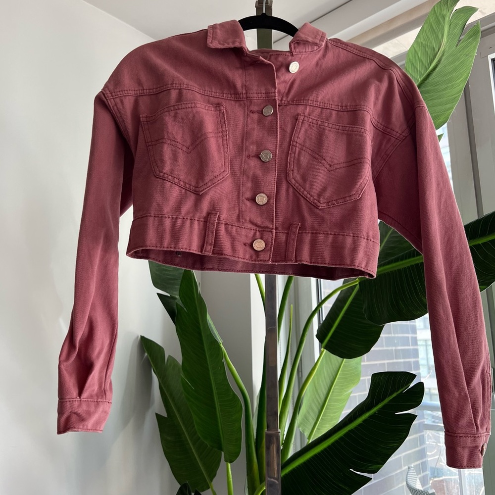 Missguided Crop Pink Oversize Denim Jacket
